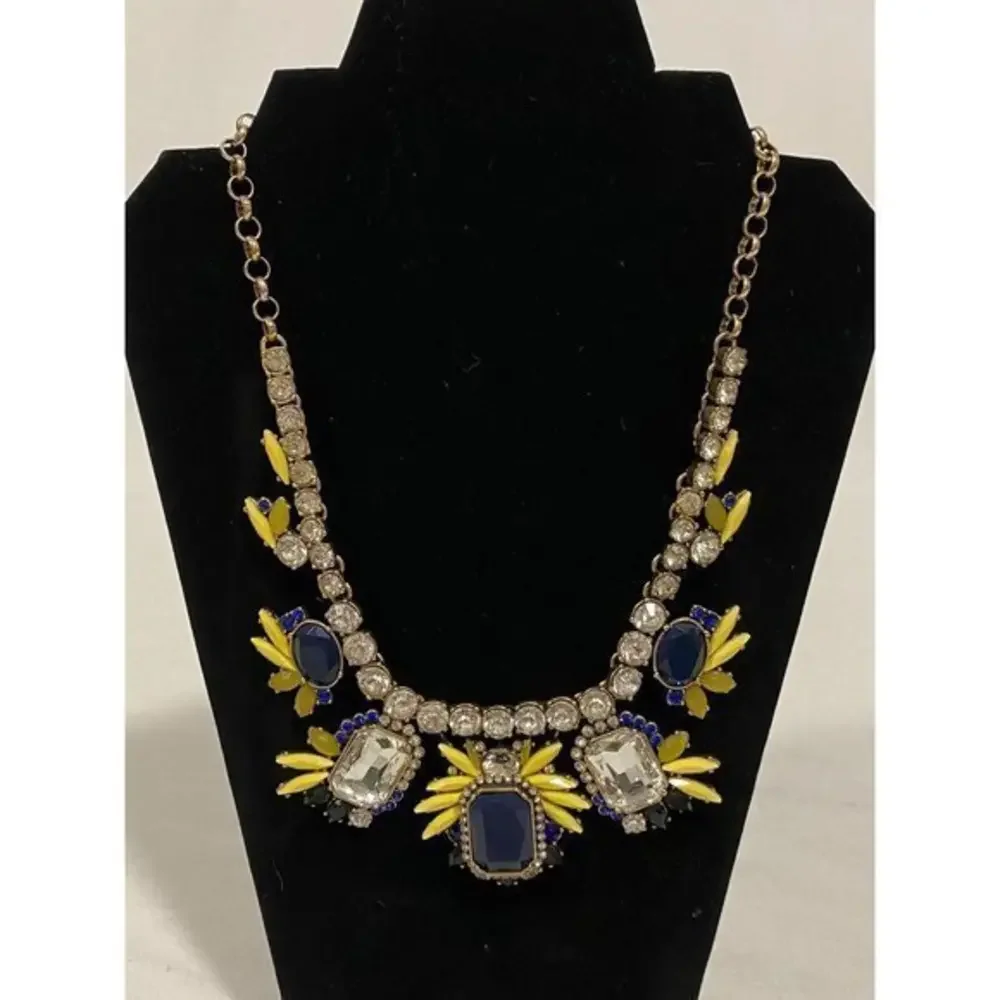 Chunky Gold‎ Tone Statement Necklace Blue Yellow and Clear Rhinestones